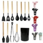 Wholesale Custom Kitchen Utensils Set 12 Piece Silicone Kitchen Utensils Set Silicone Cookware With Wooden Handle for Cooking